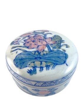 Vintage Chinese Porcelain Trinket Box Jewelry Holder Lotus Butterfly Chinoiserie